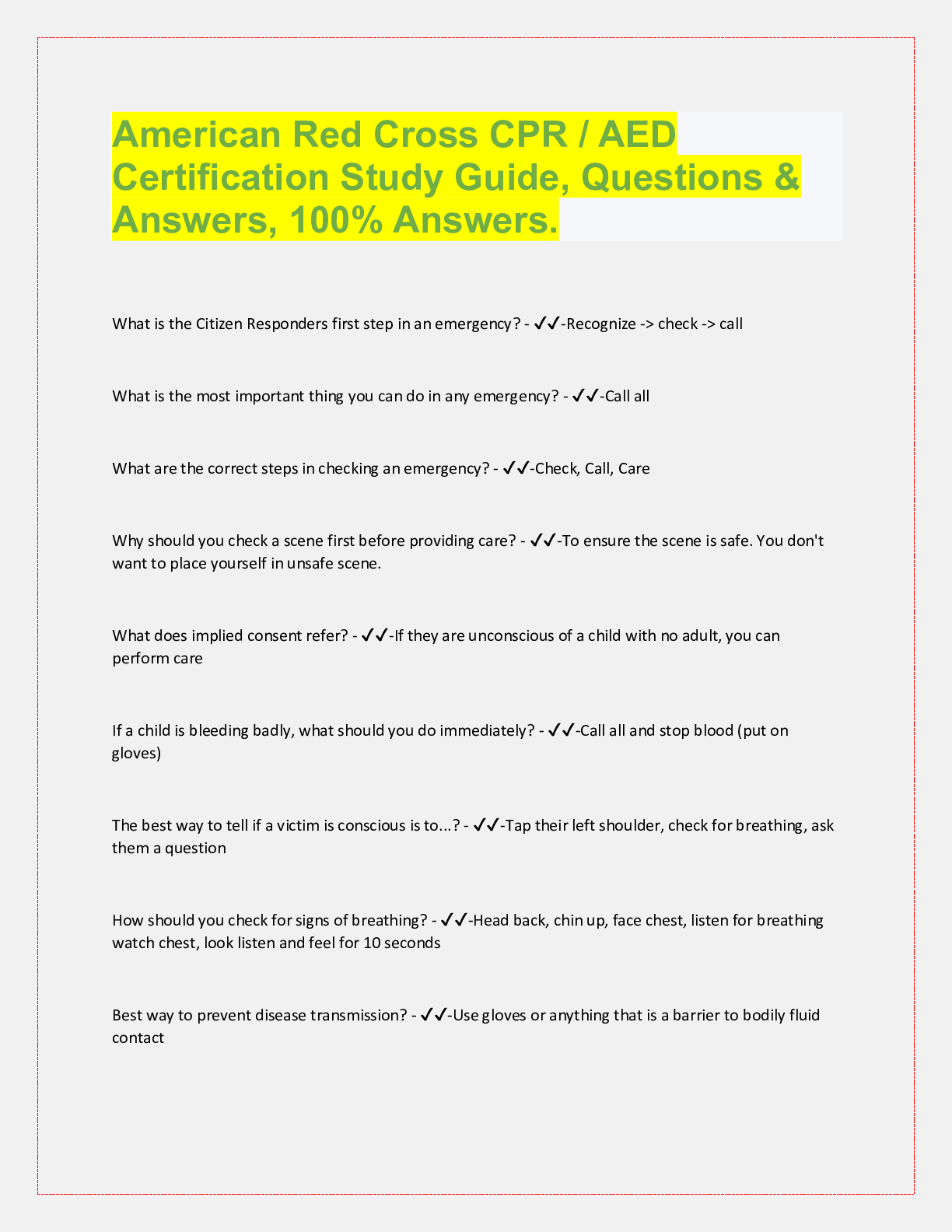 Preview of American Red Cross CPR / AED  Certification Study Guide, Questions &  Answers, 100% Answer